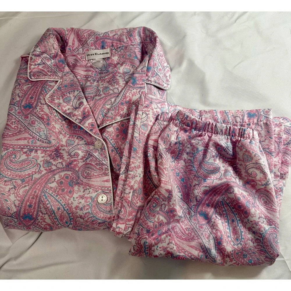 Miss Elaine Pajama Set Pink Blue Paisley Button Front Top Elastic Pants Large